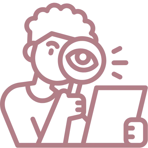 Icône d'une femme qui regarde un papier avec une loupe